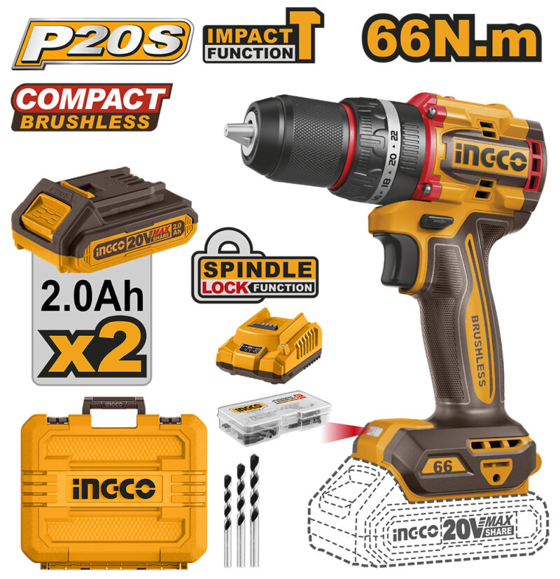 Taladro Percutor 13MM 20V 66NM Brushless + Mandril metálico Ingco CIDLI20668-4