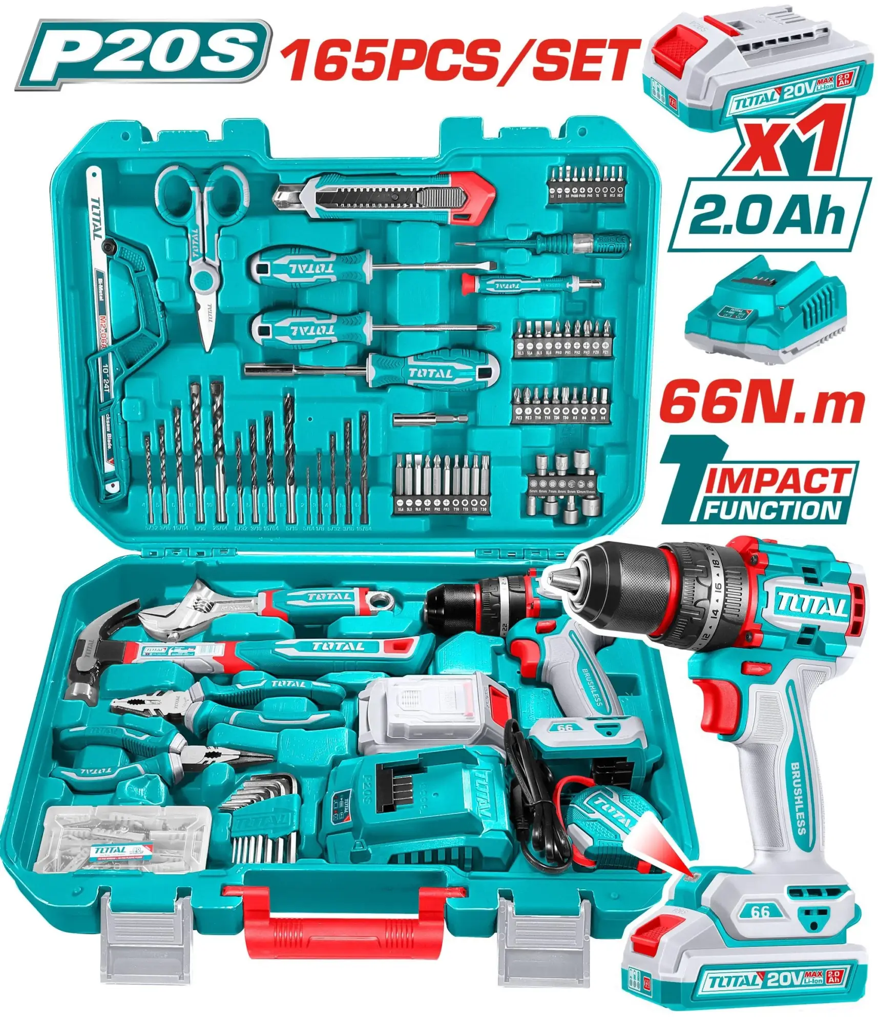 Total Taladro Inalámbrico 20V + 165 Pzs